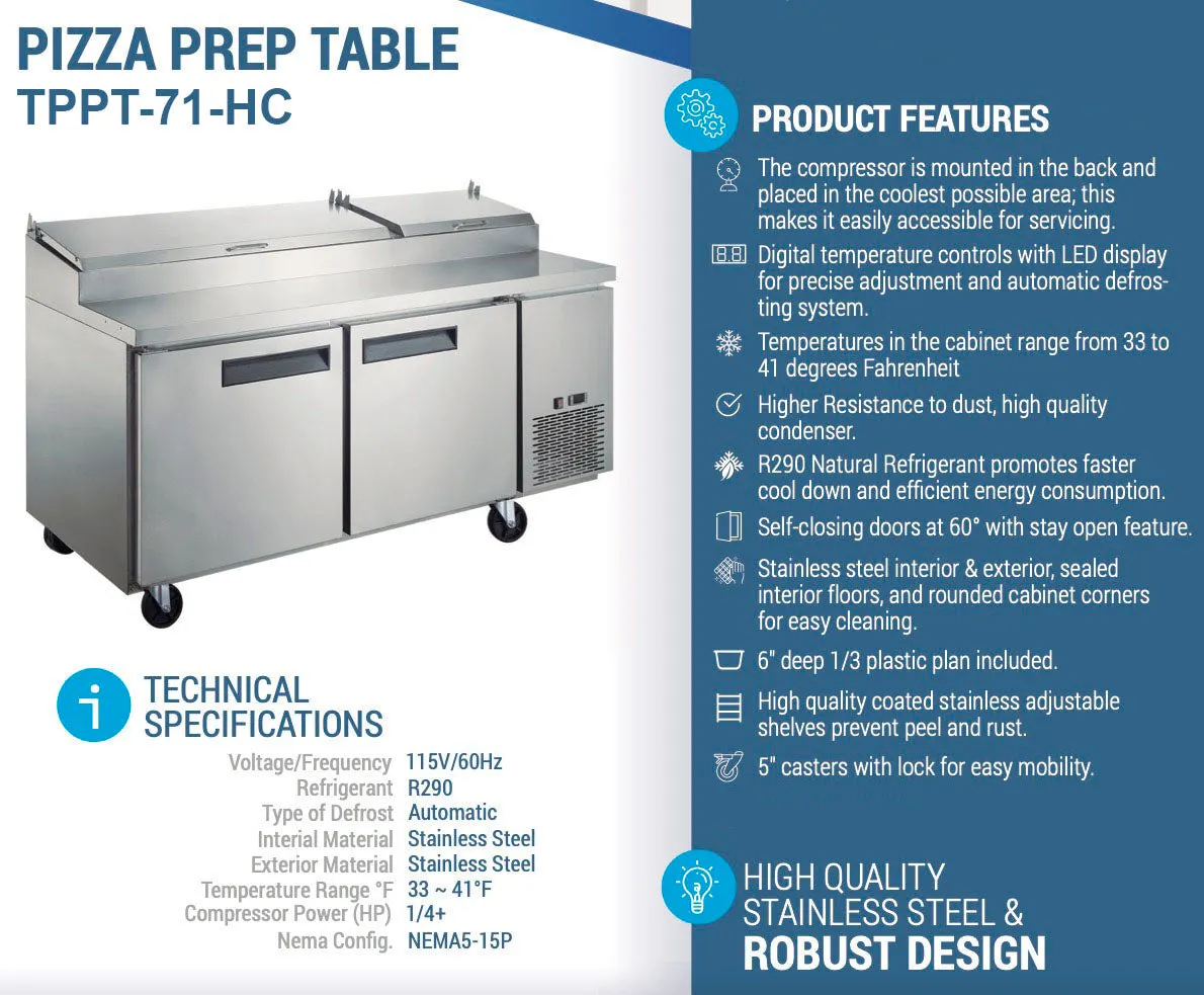 Chef AAA - TPPT-71-HC. Commercial 70 Pizza Prep Table Refrigerator 9 Pans 2 Door Stainless Steel 17.5 cu.ft.