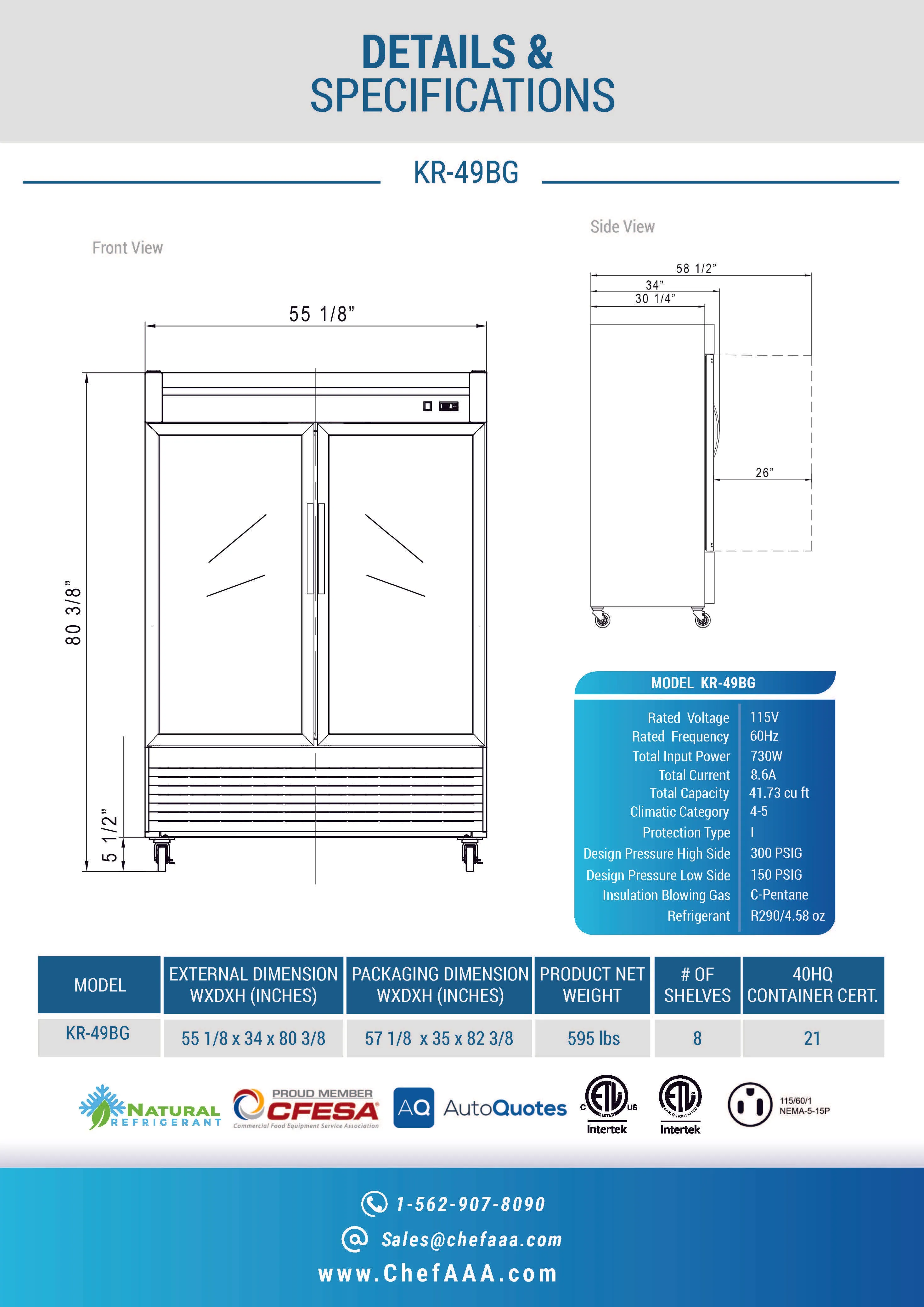 Chef AAA - TR-49BG 55 2 Glass Door Reach-in refrigerator 40.72cu.ft NSF