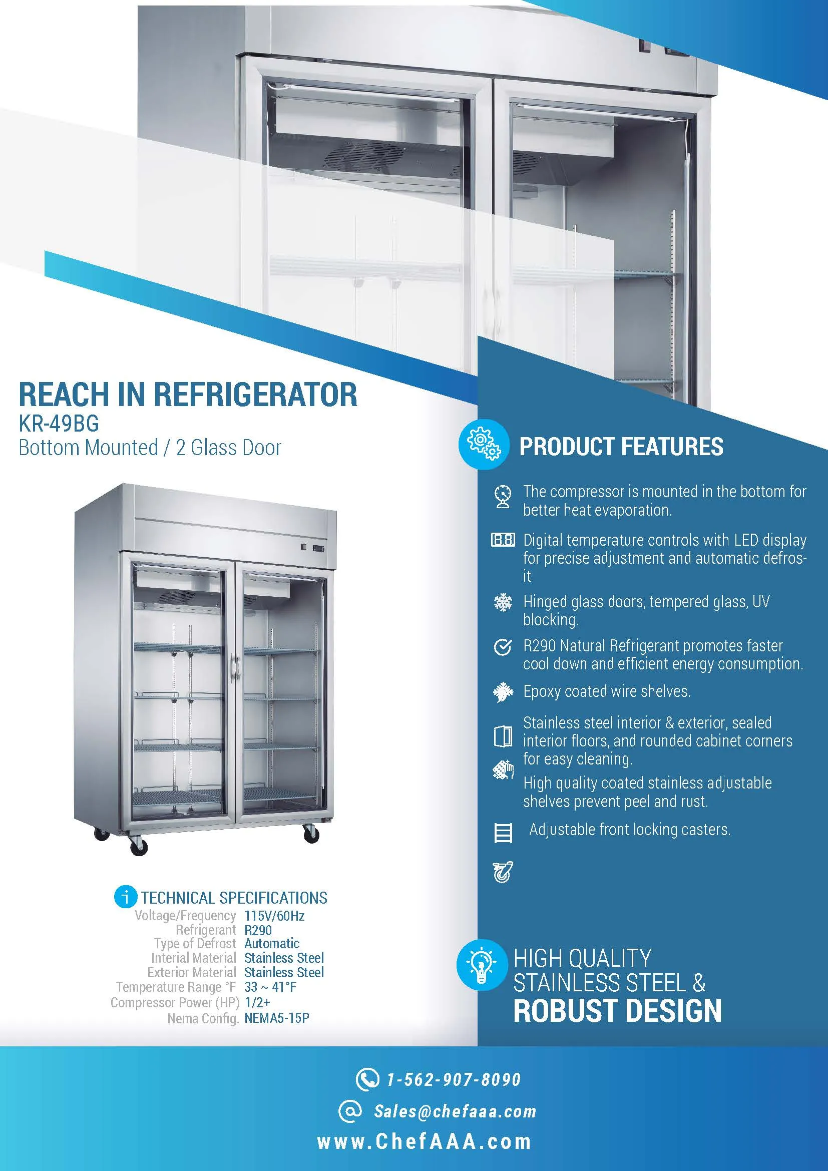 Chef AAA - TR-49BG 55 2 Glass Door Reach-in refrigerator 40.72cu.ft NSF