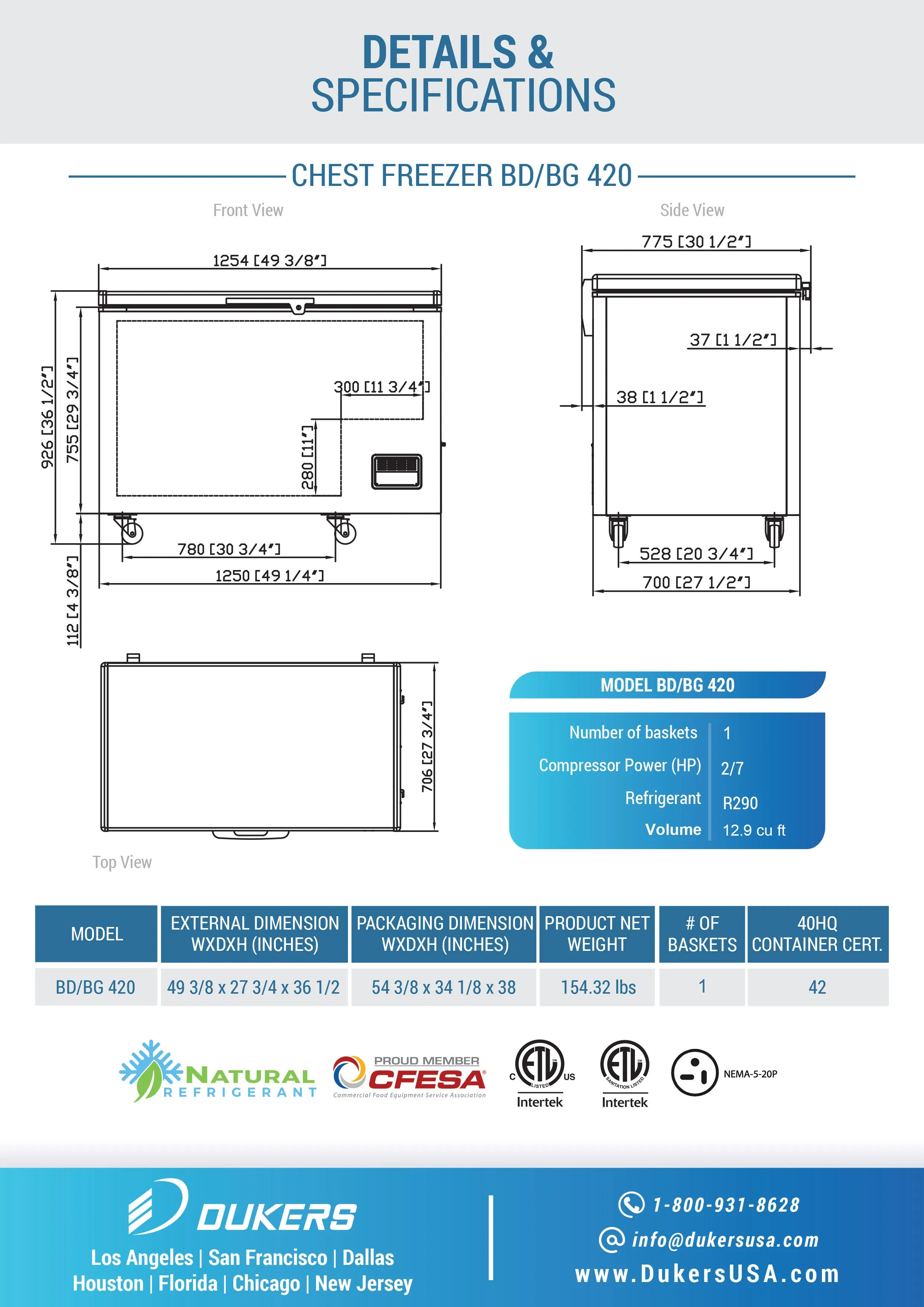 Dukers - BD/BG-420. 49 Chest Freezer With Solid Door