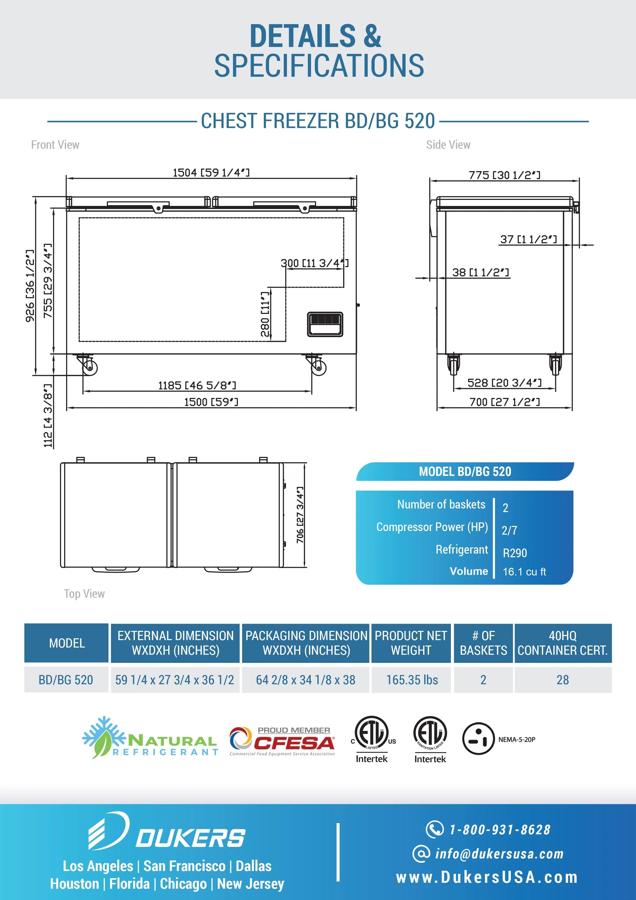 Dukers - BD/BG-520. 59 Chest Freezer With Solid Door