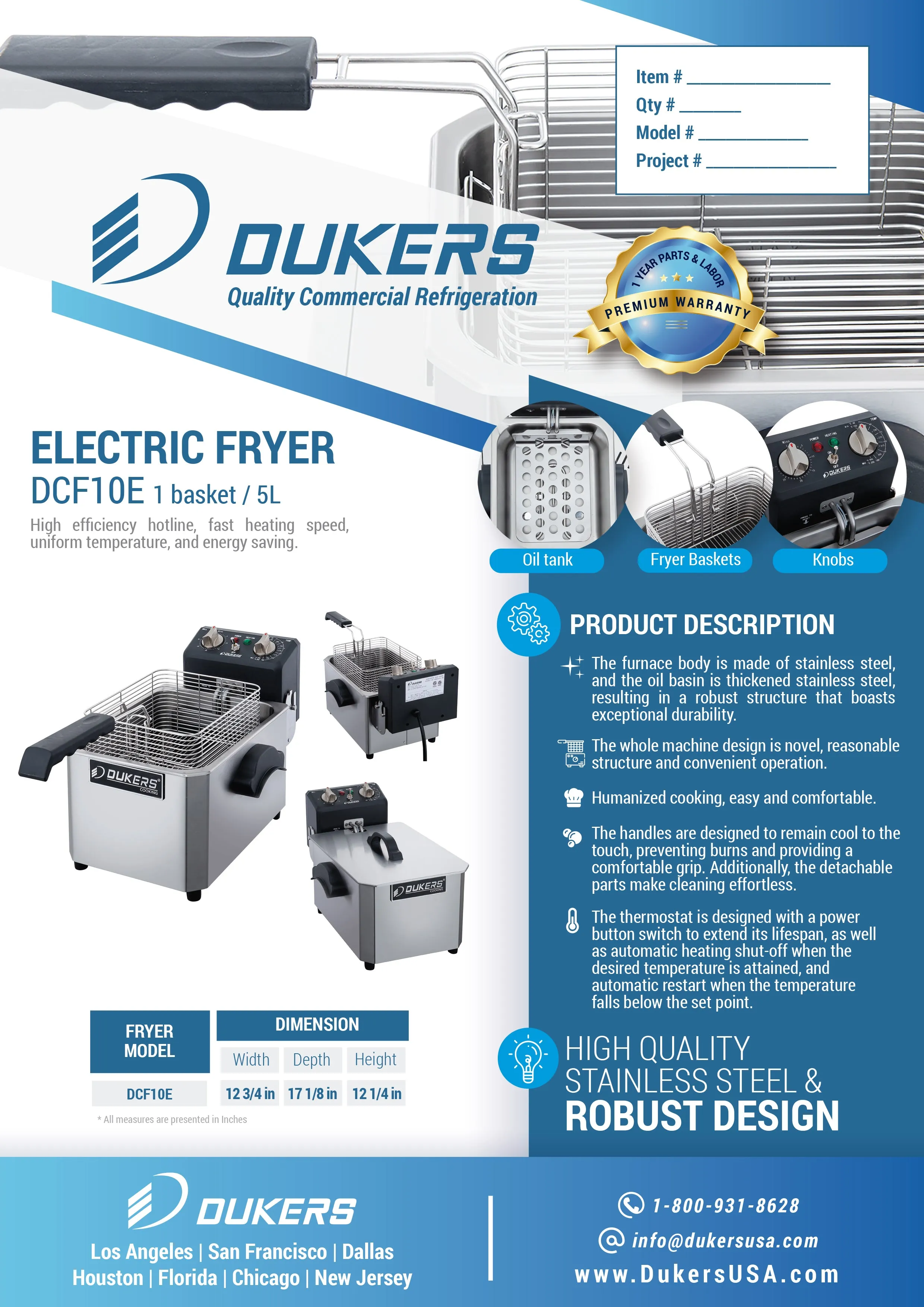 Dukers - DCF10E. 10lb One Basket Electric Countertop Deep Fryer