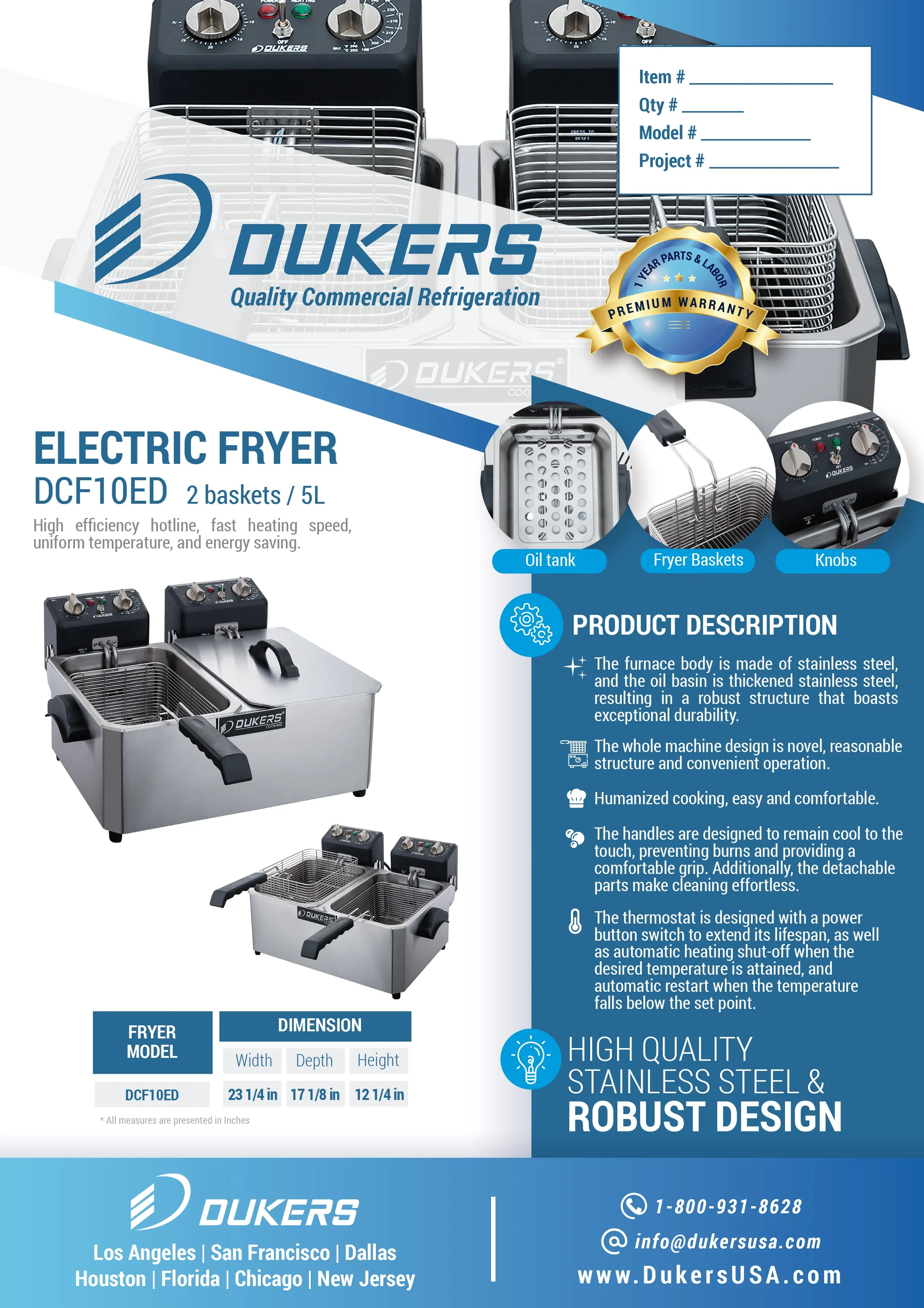 Dukers - DCF10ED. 20lb Two Basket Electric Countertop Deep Fryer