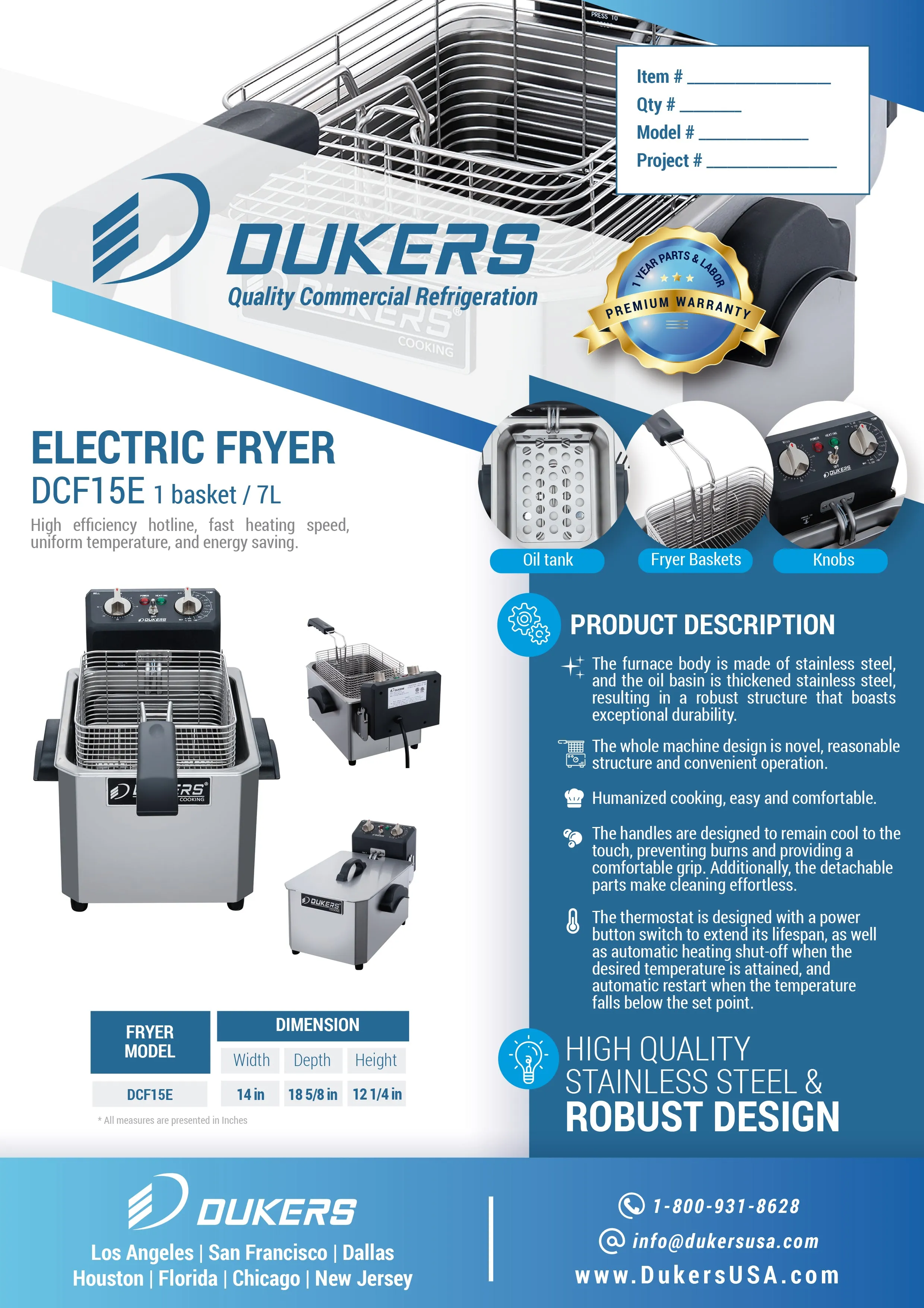 Dukers - DCF15E. 15lb One Basket Electric Countertop Deep Fryer