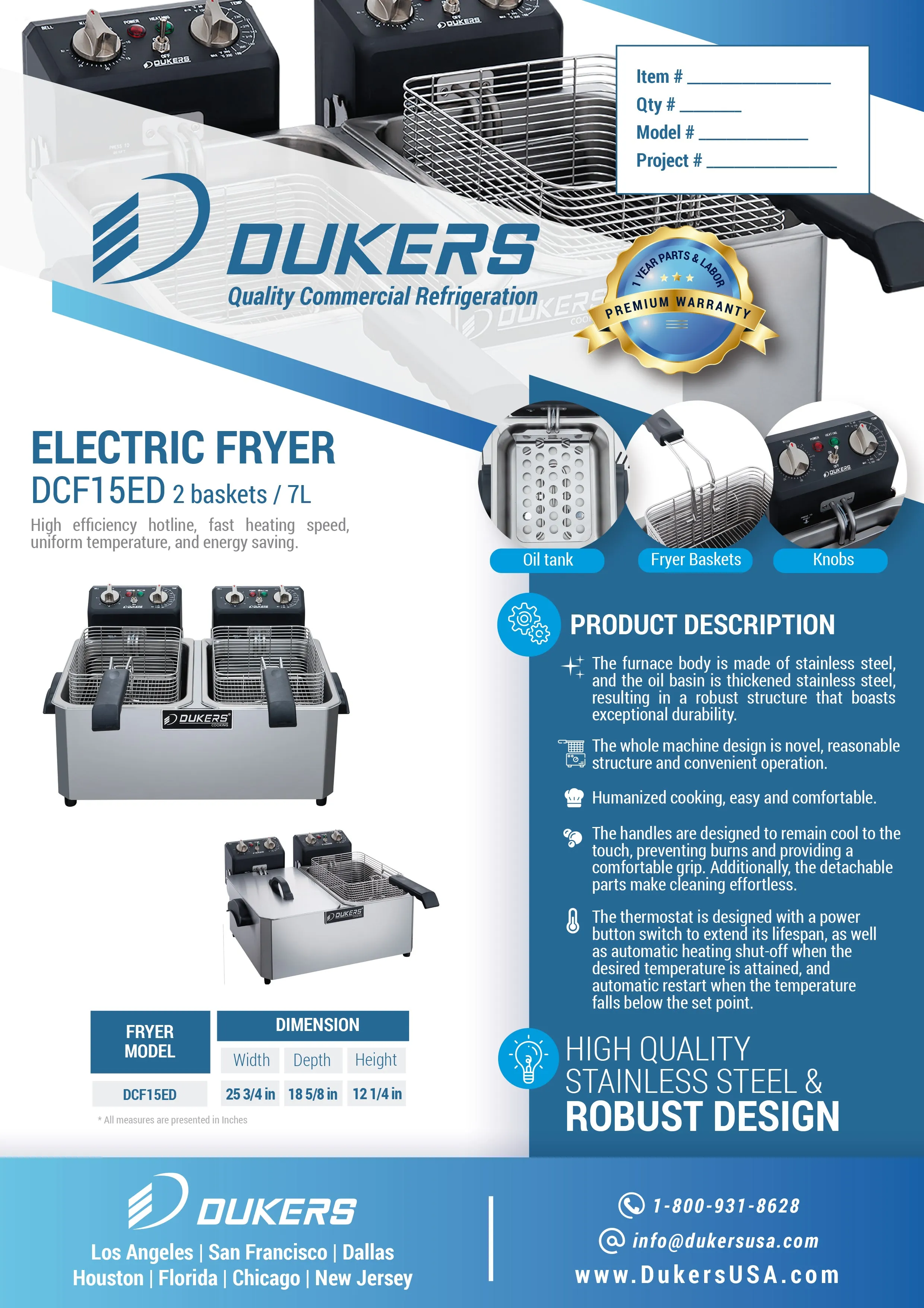 Dukers - DCF15ED. 30lb Two Basket Electric Countertop Deep Fryer