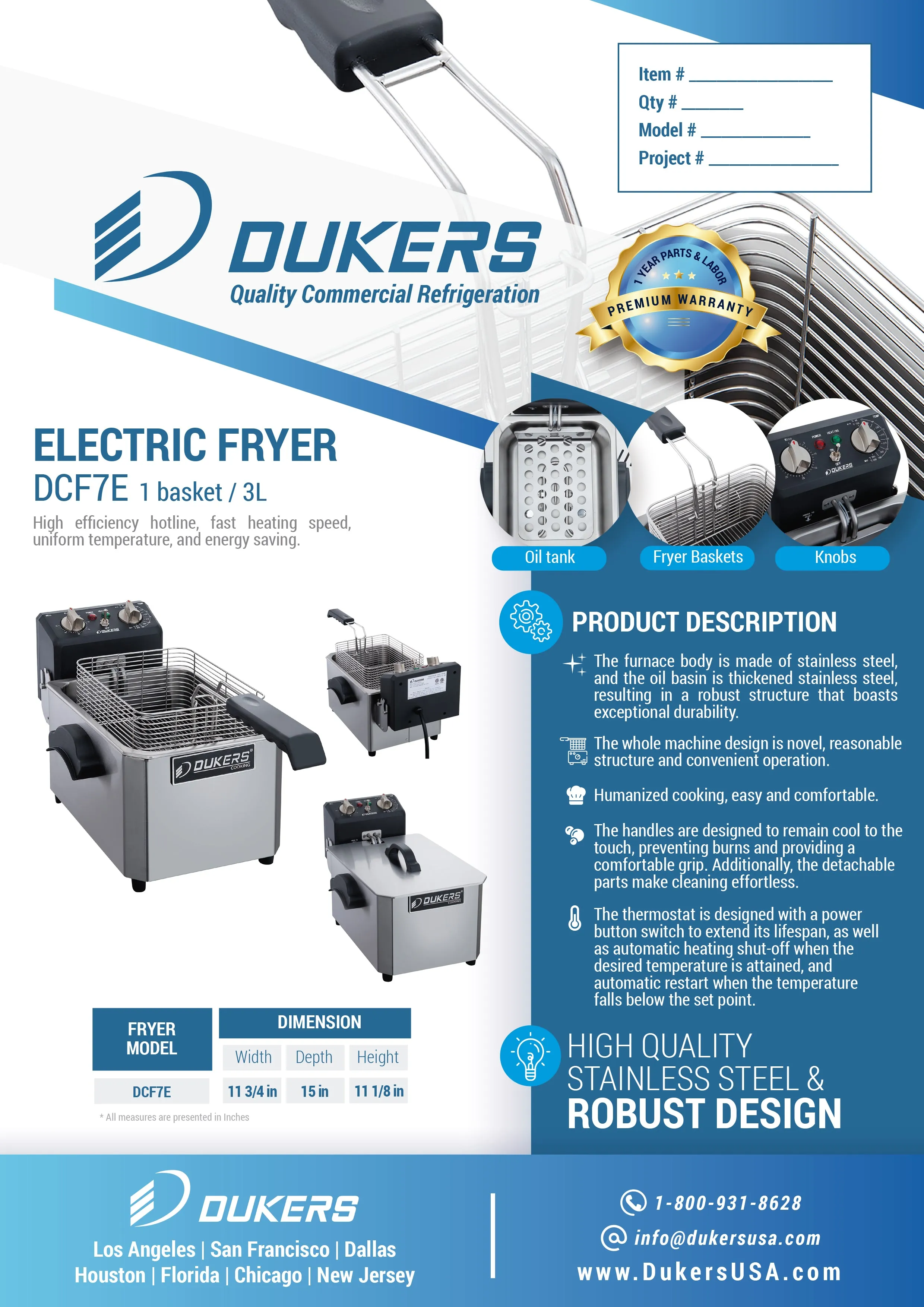 Dukers - DCF7E. 7lb Single Basket Electric Countertop Deep Fryer