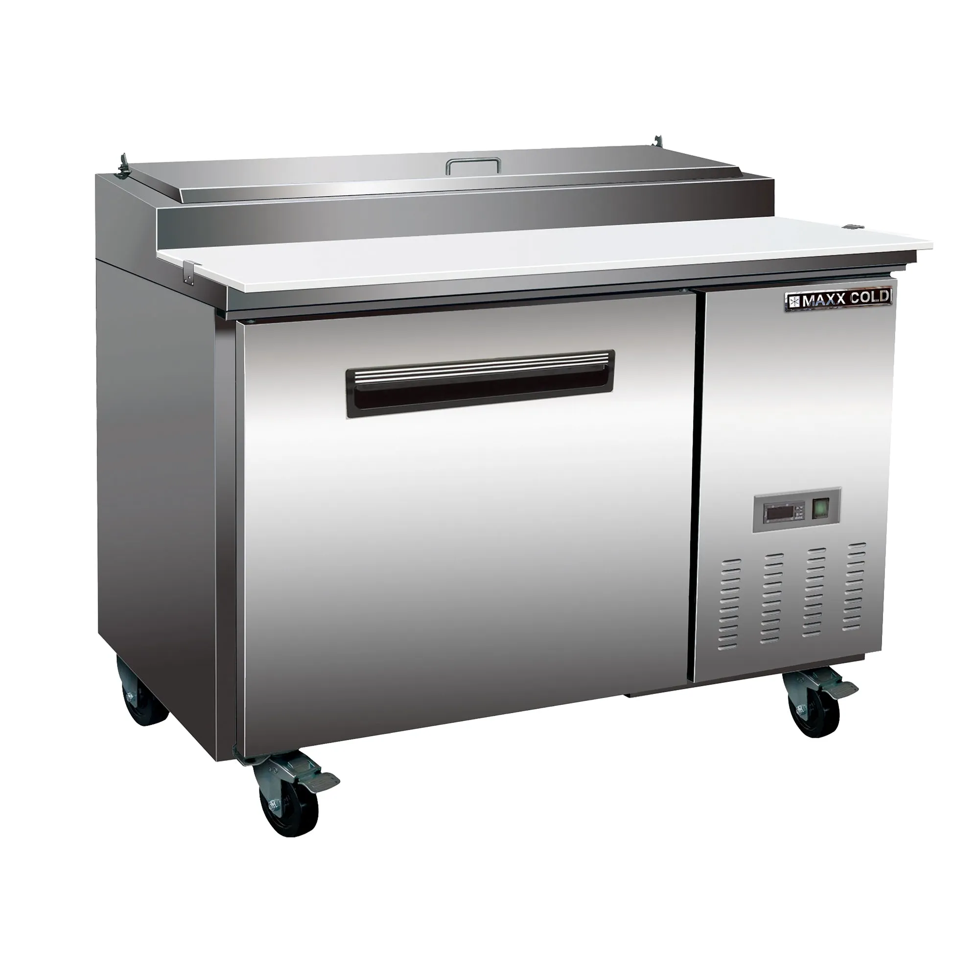 Maxx Cold - MXCPP50HC One-Door Refrigerated Pizza Prep Table. 47.4W. 12 cu. ft. Storage Capacity. Equipped with (6) 4 Deep Pans and Cutting Board. in Stainless Steel