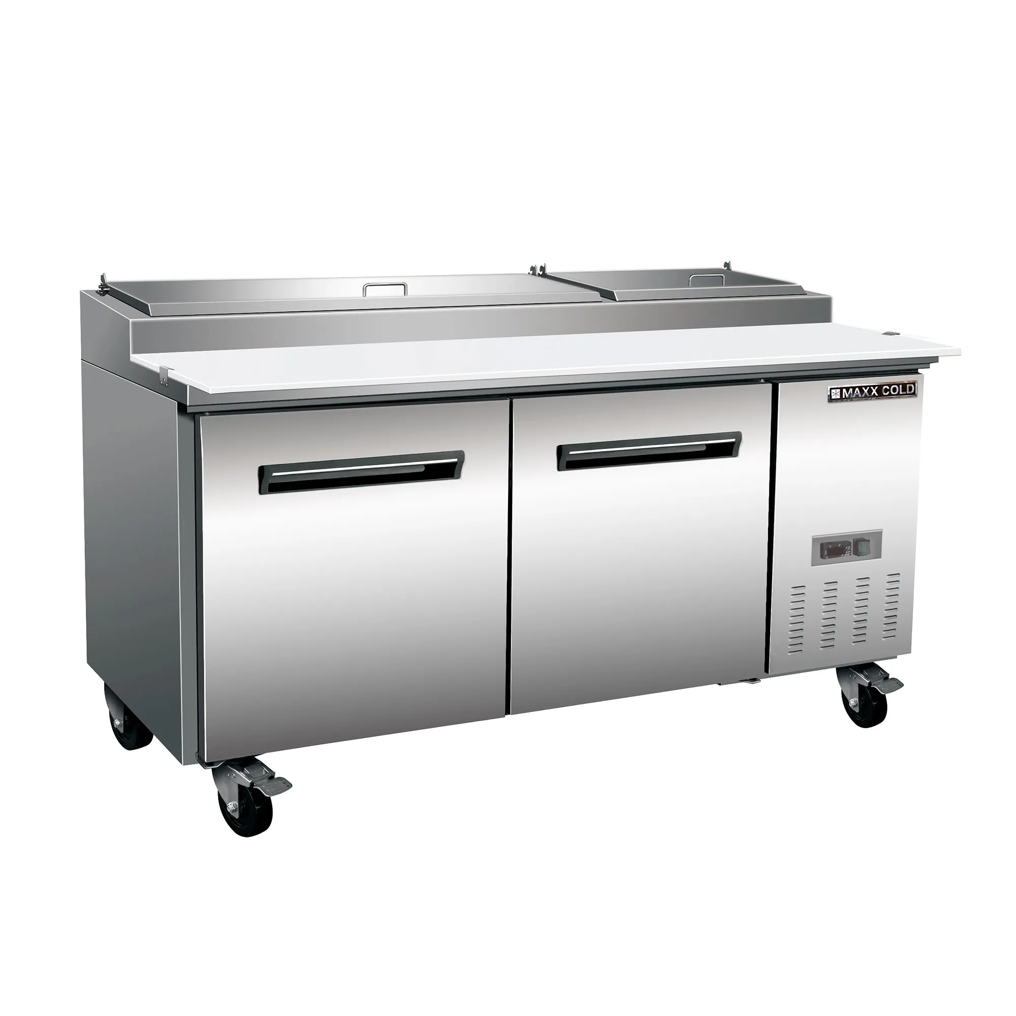 Maxx Cold - MXCPP70HC Two-Door Refrigerated Pizza Prep Table. 70.8W. 22 cu. ft. Storage Capacity. Equipped with (9) 4 Deep Pans and Cutting Board. in Stainless Steel