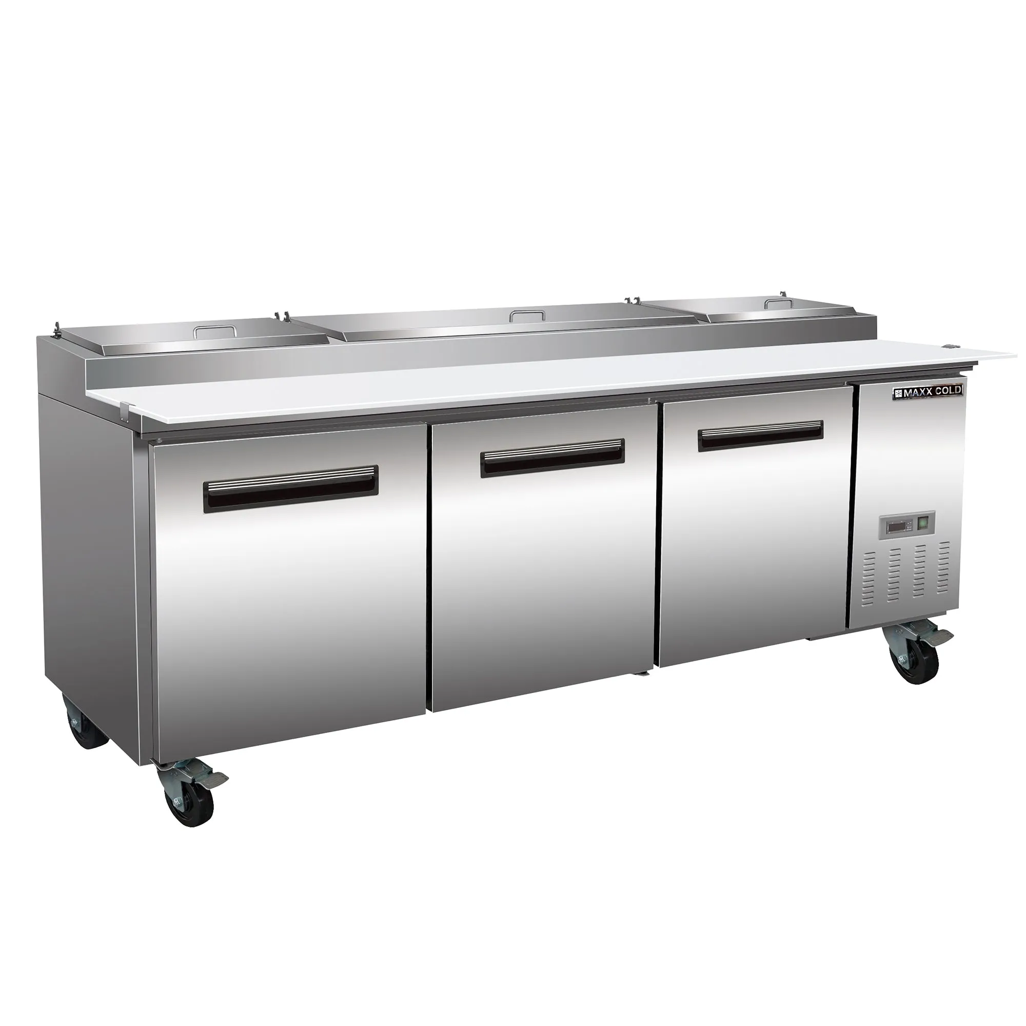 Maxx Cold - MXCPP92HC Three-Door Refrigerated Pizza Prep Table. 94.2W. 32 cu. ft. Storage Capacity. Equipped with (12) 4 Deep Pans and Cutting Board. in Stainless Steel