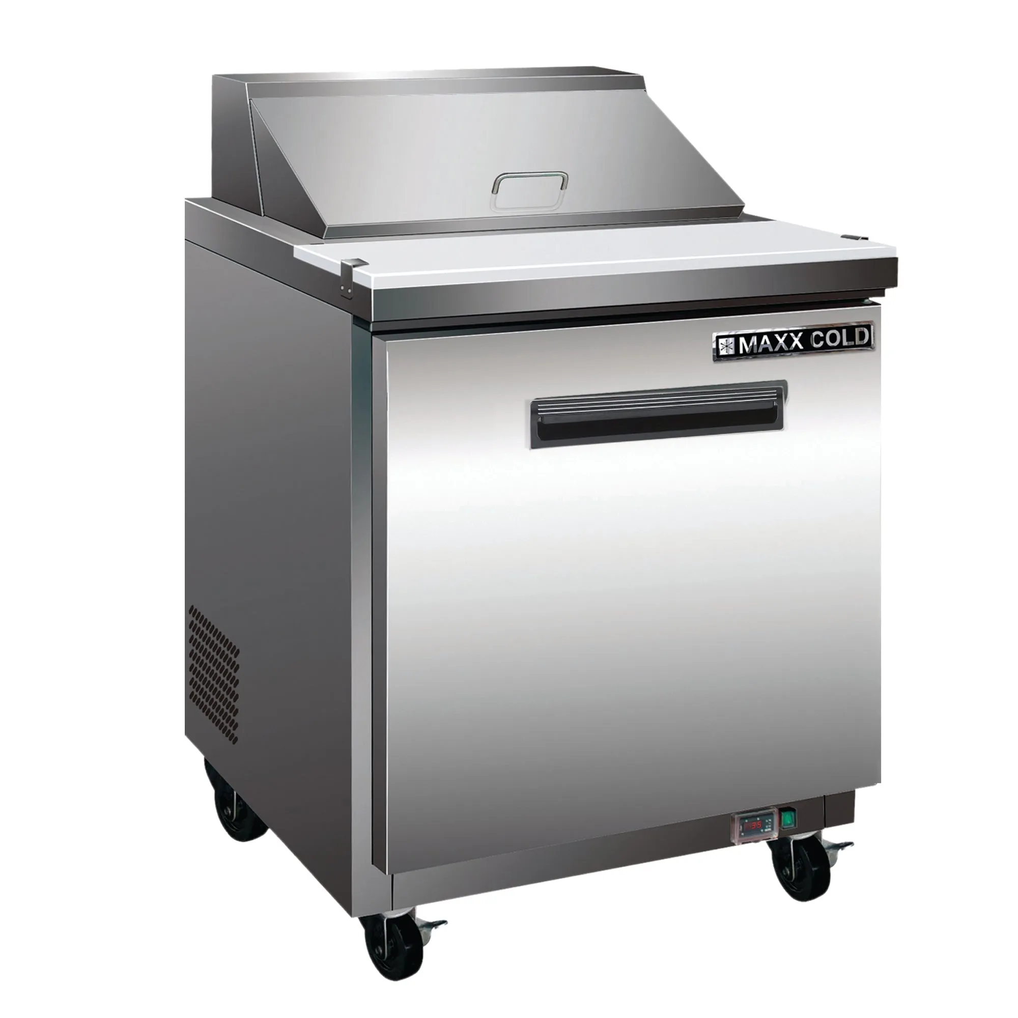 Maxx Cold - MXCR29MHC One-Door Refrigerated Megatop Prep Unit. 29W. 7 cu. ft. Storage Capacity. Equipped with (12) 4 Deep Pans and Cutting Board. in Stainless Steel
