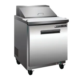 Maxx Cold - MXCR29MHC One-Door Refrigerated Megatop Prep Unit. 29W. 7 cu. ft. Storage Capacity. Equipped with (12) 4 Deep Pans and Cutting Board. in Stainless Steel