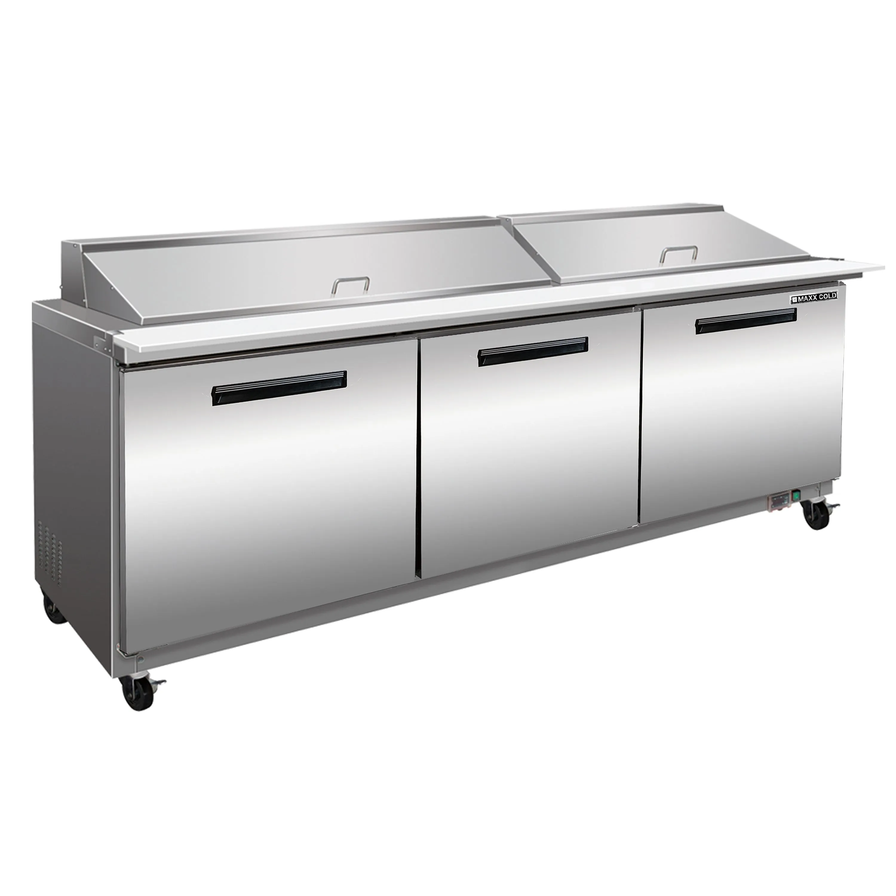 Maxx Cold - MXCR72MHC Three-Door Refrigerated Megatop Prep Unit. 72W. 18 cu. ft. Storage Capacity. Equipped with (27) 4 Deep Pans and Cutting Board. in Stainless Steel