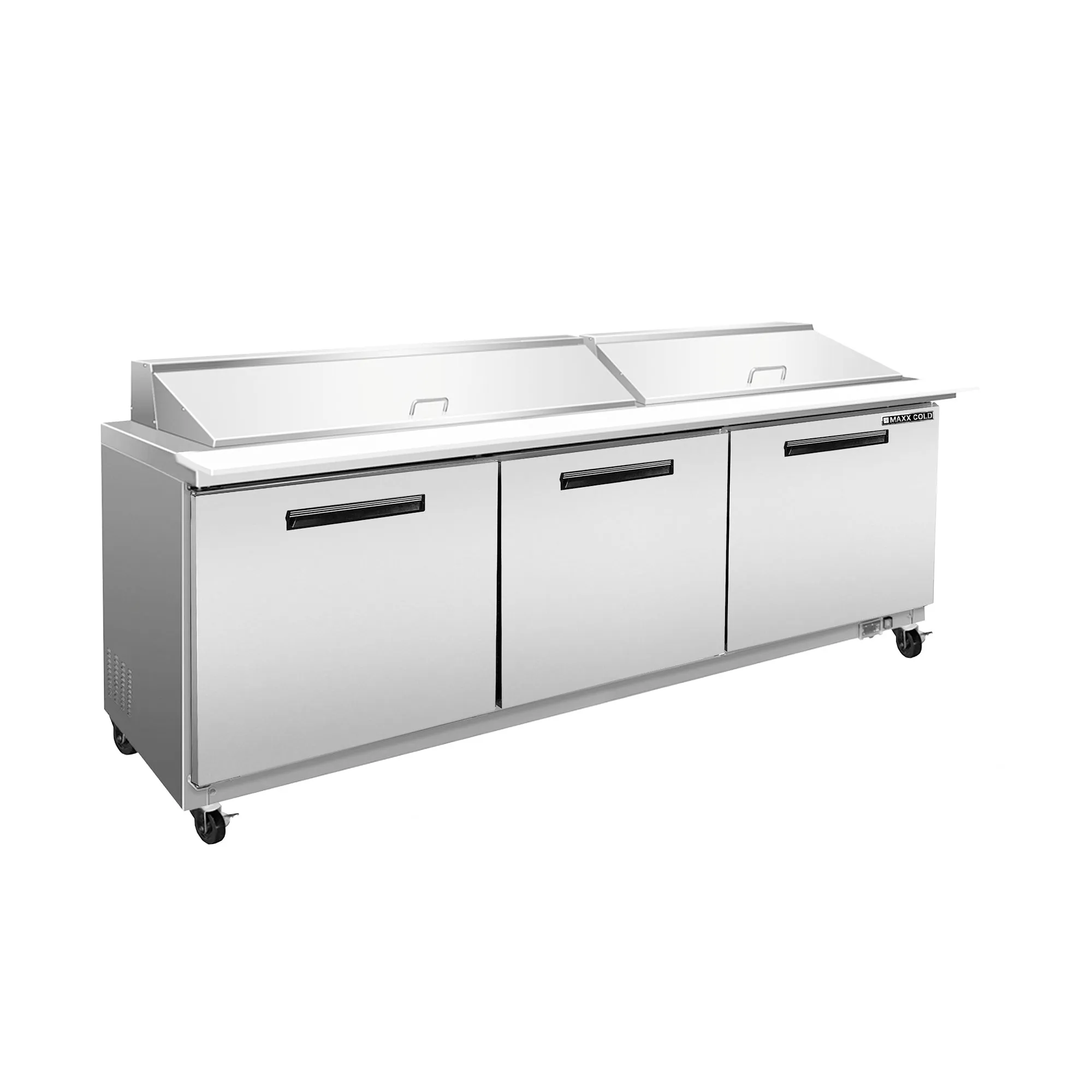 Maxx Cold - MXCR72SHCThree-Door Refrigerated Sandwich and Salad Prep Station. 71.7W. 18 cu. ft. Storage Capacity. Equipped with (18) 4 Deep Pans and Cutting Board. in Stainless Steel