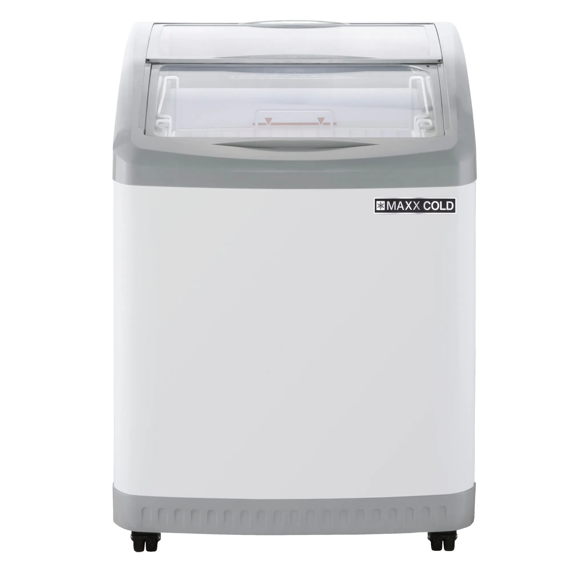 Maxx Cold - MXF25CHC-2 Curved Glass Top Chest Freezer Display. 24.6W. 3.81 cu. ft. Storage Capacity. Equipped with (2) Wire Baskets. in White