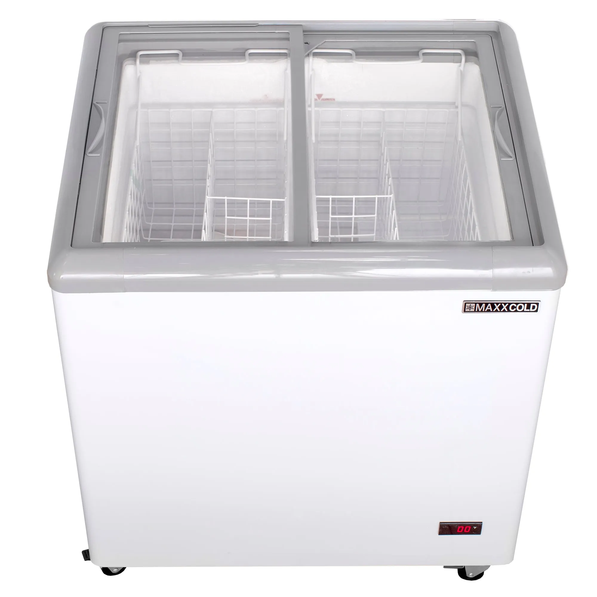 Maxx Cold - MXF31F Sliding Glass Top Mobile Ice Cream Display Freezer. 31W. 5.8 cu. ft. Storage Capacity.  Equipped with (2) Wire Baskets. in White
