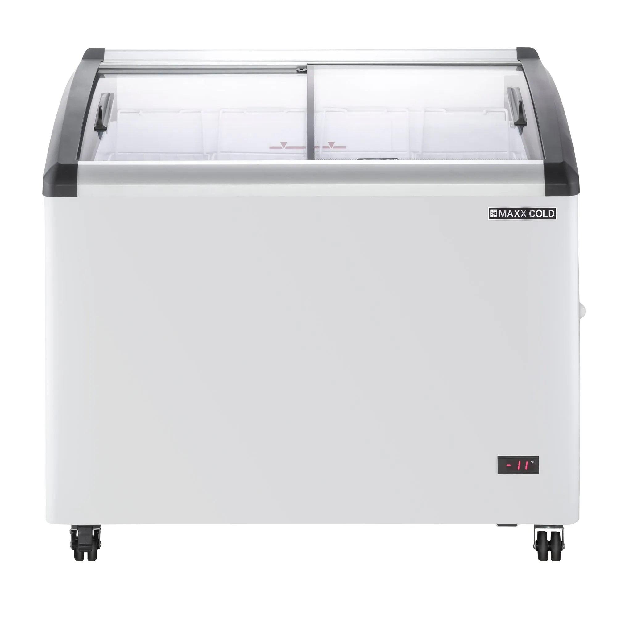Maxx Cold - MXF40CHC-4Curved Glass Top Chest Freezer Display. 39.4W. 6.71 cu. ft. Storage Capacity. Equipped with (4) Wire Baskets. in White