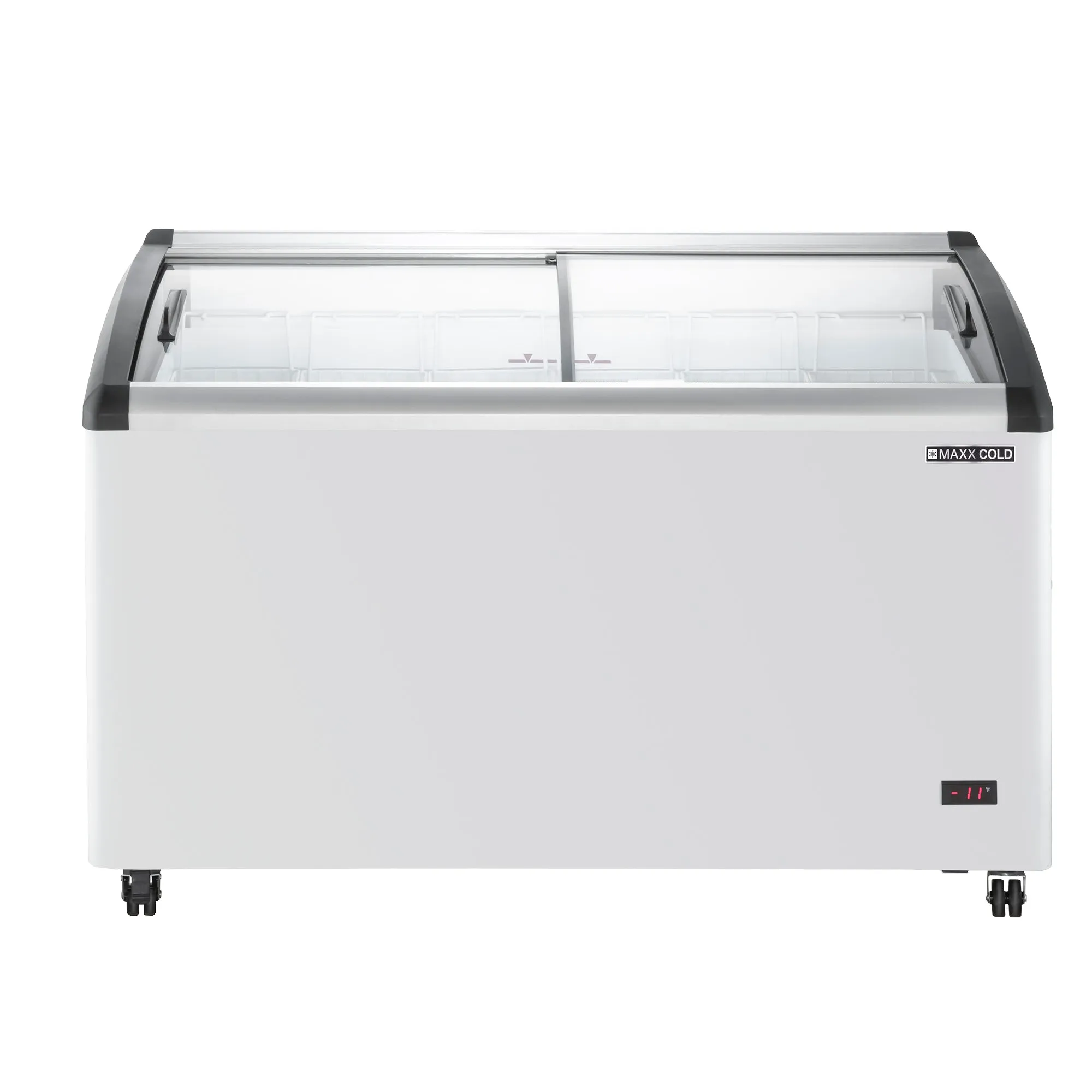 Maxx Cold - MXF54CHC-6Curved Glass Top Chest Freezer Display. 53.2W. 9.96 cu. ft. Storage Capacity. Equipped with (6) Wire Baskets. in White