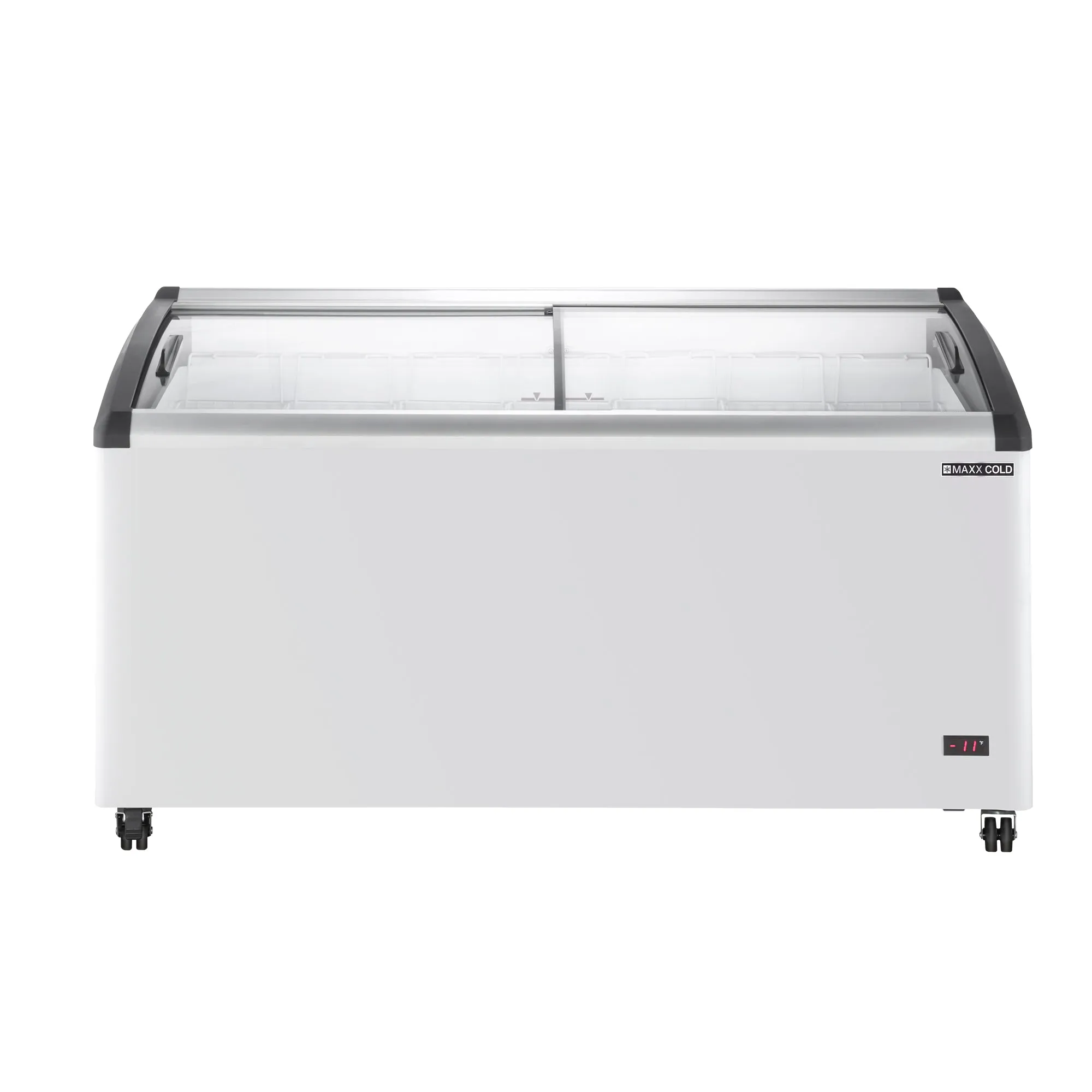 Maxx Cold - MXF64CHC-7 Curved Glass Top Chest Freezer Display. 63.4W. 12.36 cu. ft. Storage Capacity. Equipped with (7) Wire Baskets. in White