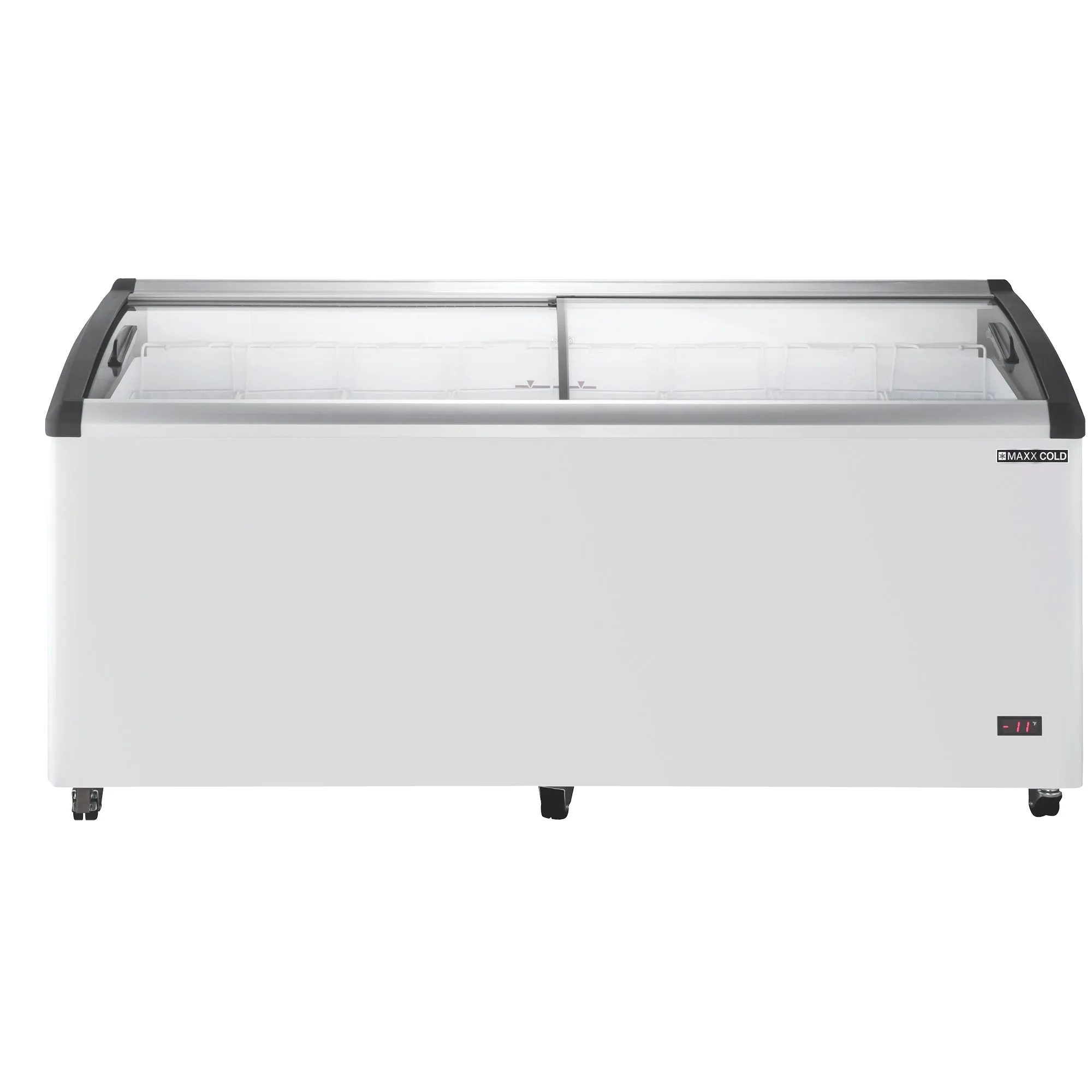 Maxx Cold - MXF72CHC-8 Curved Glass Top Chest Freezer Display. 71.7W. 14.30 cu. ft. Storage Capacity. Equipped with (8) Wire Baskets. in White