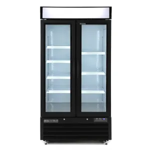 Maxx Cold - MXM2-36RBHC Narrow Width Glass Door Merchandiser Refrigerator. Double Door. Black