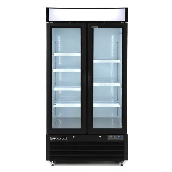 Maxx Cold - MXM2-36RBHC Narrow Width Glass Door Merchandiser Refrigerator. Double Door. Black