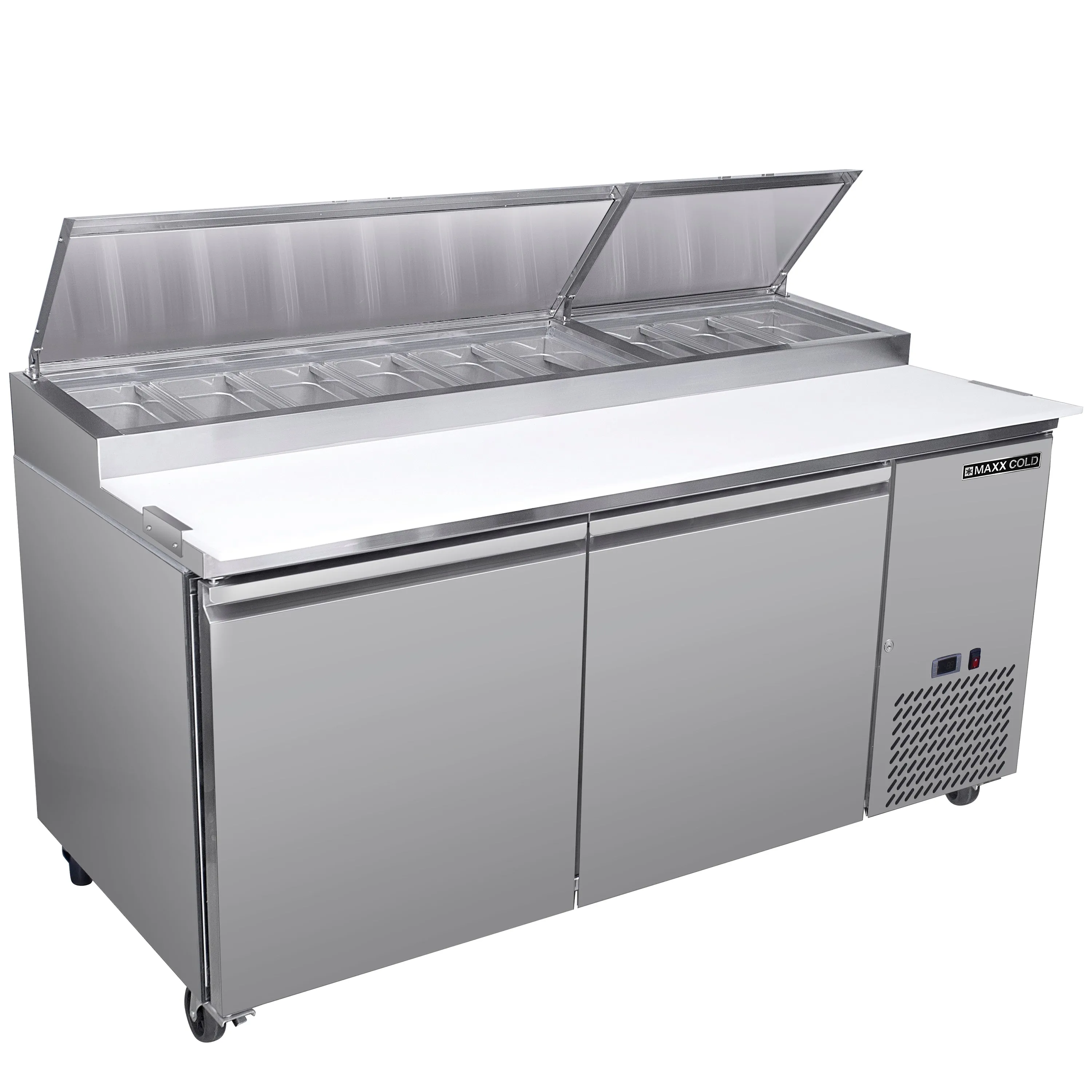 Maxx Cold - MXSPP70HC Two-Door Refrigerated Pizza Prep Table. 71 W. 20.91 cu. ft. Storage Capacity. Equpped with (9) 4 Deep Pans and Cutting Board. in Stainless Steel