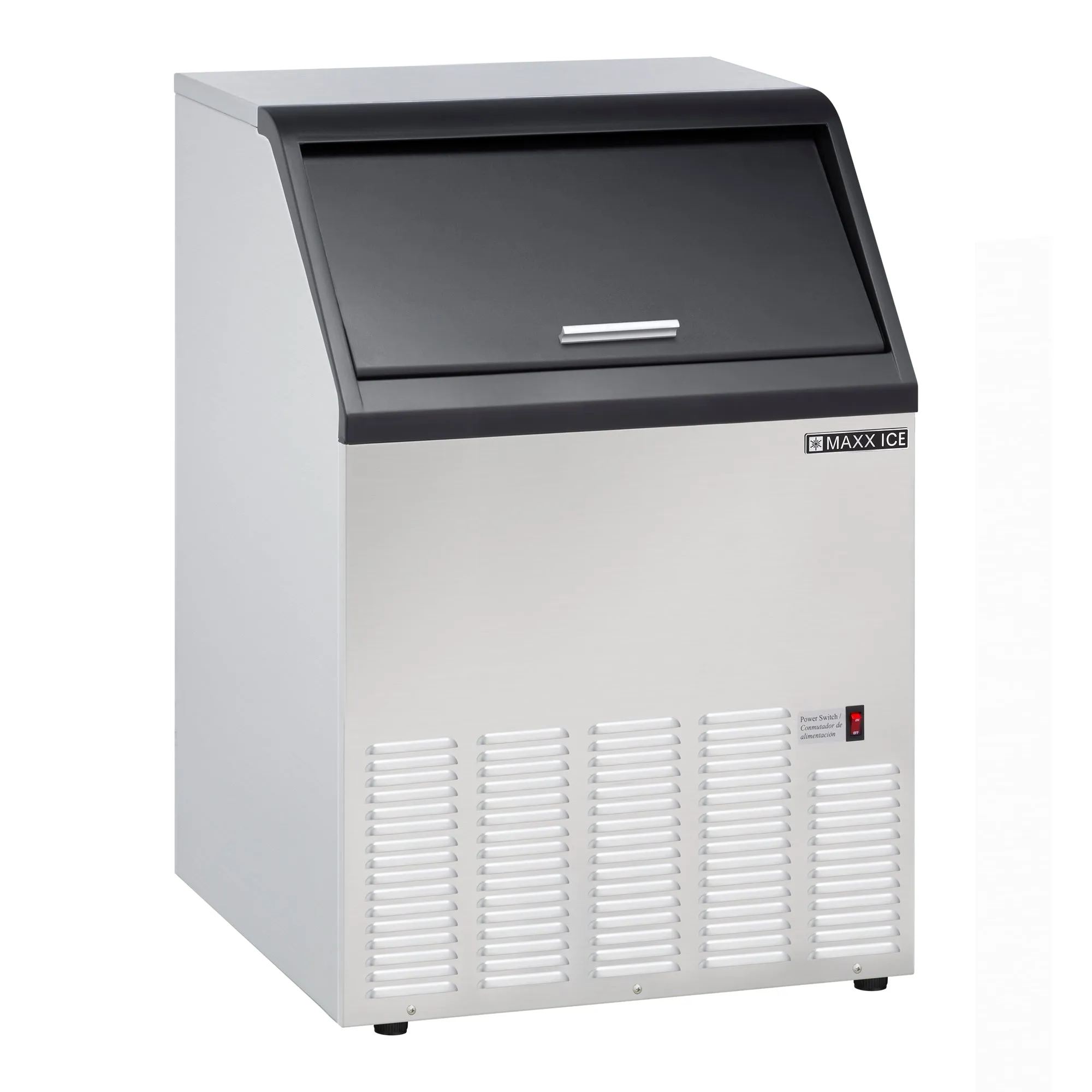 Maxx Ice - MIM100. Maxx Ice Self-Contained Ice Machine. 110 lbs with 35 lb Built-in Ice Storage Bin. in Stainless Steel with Black Trim
