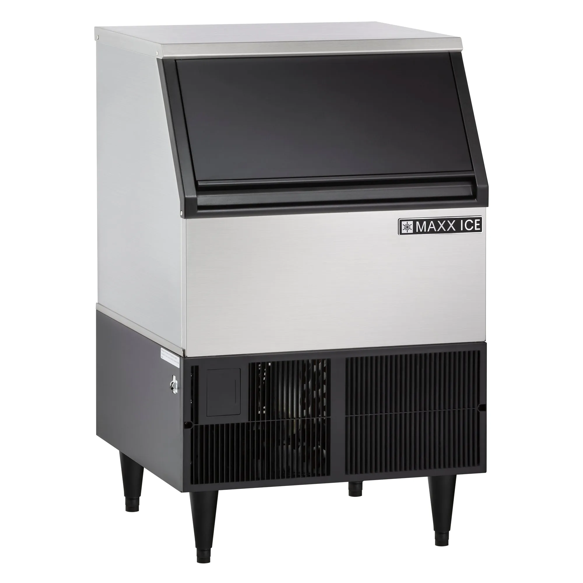 Maxx Ice - MIM250. Maxx Ice Self-Contained Ice Machine. 260 lbs. Full Dice Ice Cubes. with 75 lb Built-in Ice Storage Bin. in Stainless Steel with Black Trim