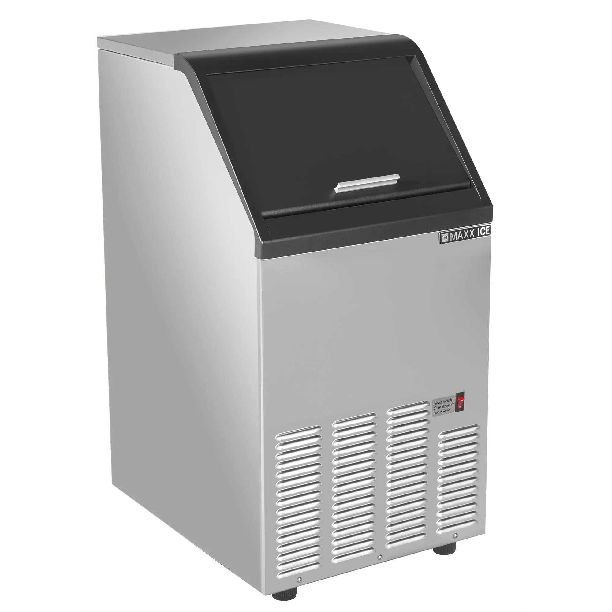 Maxx Ice - MIM75. Maxx Ice Self-Contained Ice Machine. 75 lbs. Bullet Ice Cubes. with 25 lb Built-in Ice Storage Bin. in Stainless Steel with Black Trim in Stainless Steel