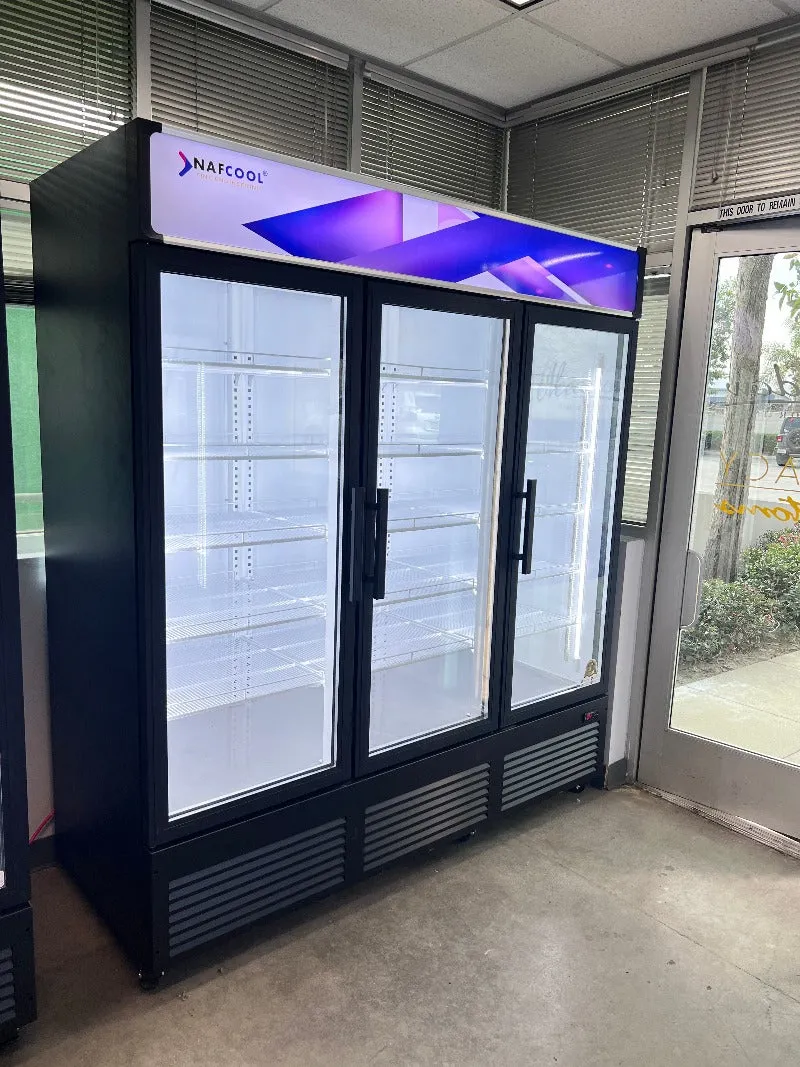 TGDR70'' 56.5 Cubic Ft. 70.9 Wide THREE SECTION Black Swing Glass Door Merchandiser Refrigerator
