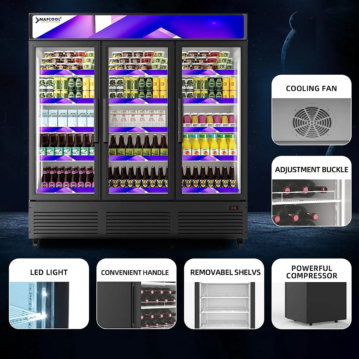 TGDR70'' 56.5 Cubic Ft. 70.9 Wide THREE SECTION Black Swing Glass Door Merchandiser Refrigerator