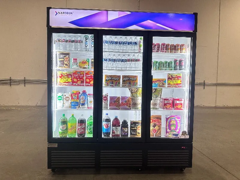 TGDR70'' 56.5 Cubic Ft. 70.9 Wide THREE SECTION Black Swing Glass Door Merchandiser Refrigerator