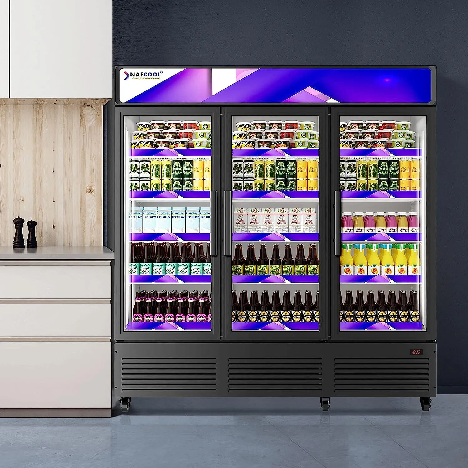 TGDR70'' 56.5 Cubic Ft. 70.9 Wide THREE SECTION Black Swing Glass Door Merchandiser Refrigerator
