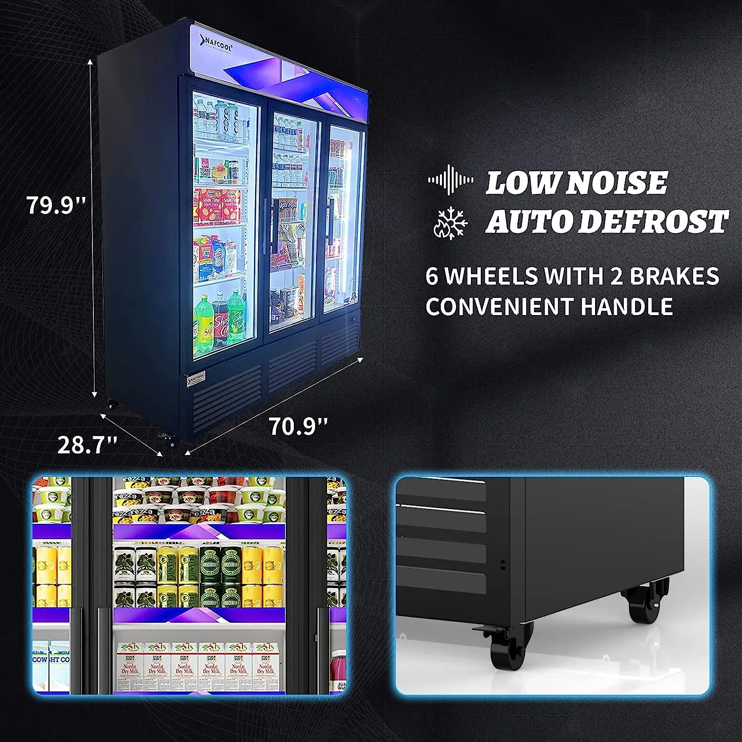 TGDR70'' 56.5 Cubic Ft. 70.9 Wide THREE SECTION Black Swing Glass Door Merchandiser Refrigerator