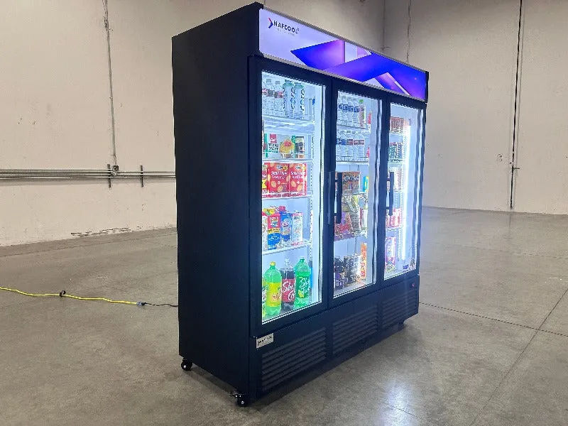 TGDR70'' 56.5 Cubic Ft. 70.9 Wide THREE SECTION Black Swing Glass Door Merchandiser Refrigerator