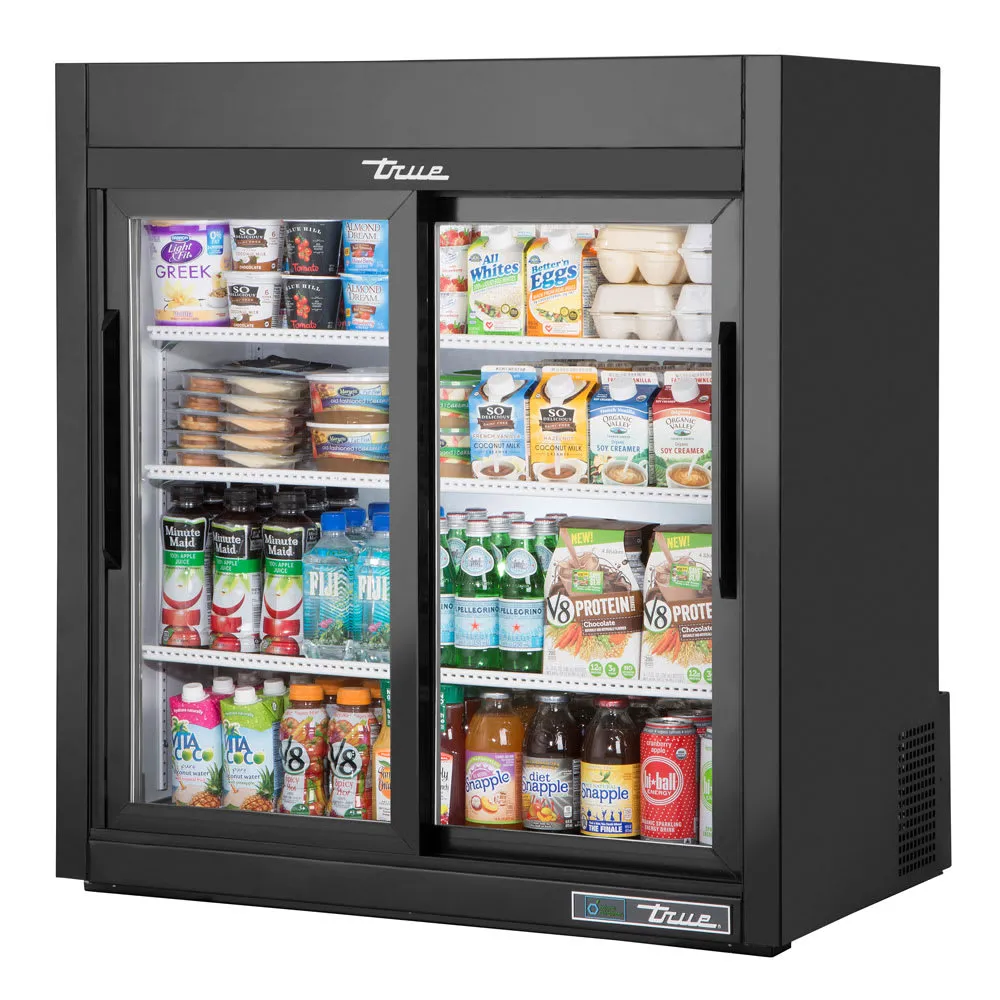 True GDM-09-SQ-HC-LD 36 Countertop Refrigerator w/ Front Access - Sliding Doors. Black. 115v
