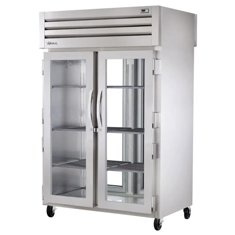 True STA2RPT-2G-2G-HC 52 3/5 Two Section Pass Thru Refrigerator. (2) Left/Right Hinge Glass Doors. 115v