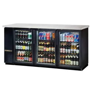 True TBB-24-72G-HC-LD 73 1/8 Bar Refrigerator - 3 Swinging Glass Doors. Black. 115v