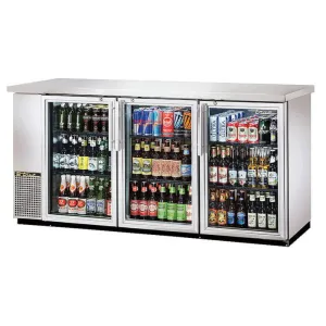 True TBB-24-72G-S-HC-LD 73 1/8 Bar Refrigerator - 3 Swinging Glass Doors. Stainless. 115v
