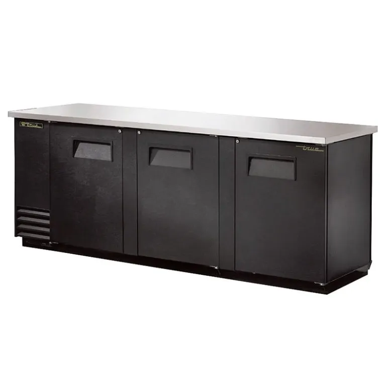 True TBB-4PT 90 3/8 Bar Refrigerator - 3 Swinging Solid Doors. Black. 115v