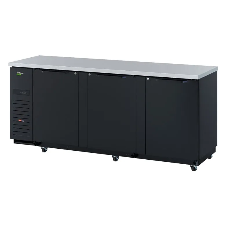 Turbo Air TBB-4SBD-N 90 3/8 Bar Refrigerator - 3 Swinging Solid Doors. Black. 115v
